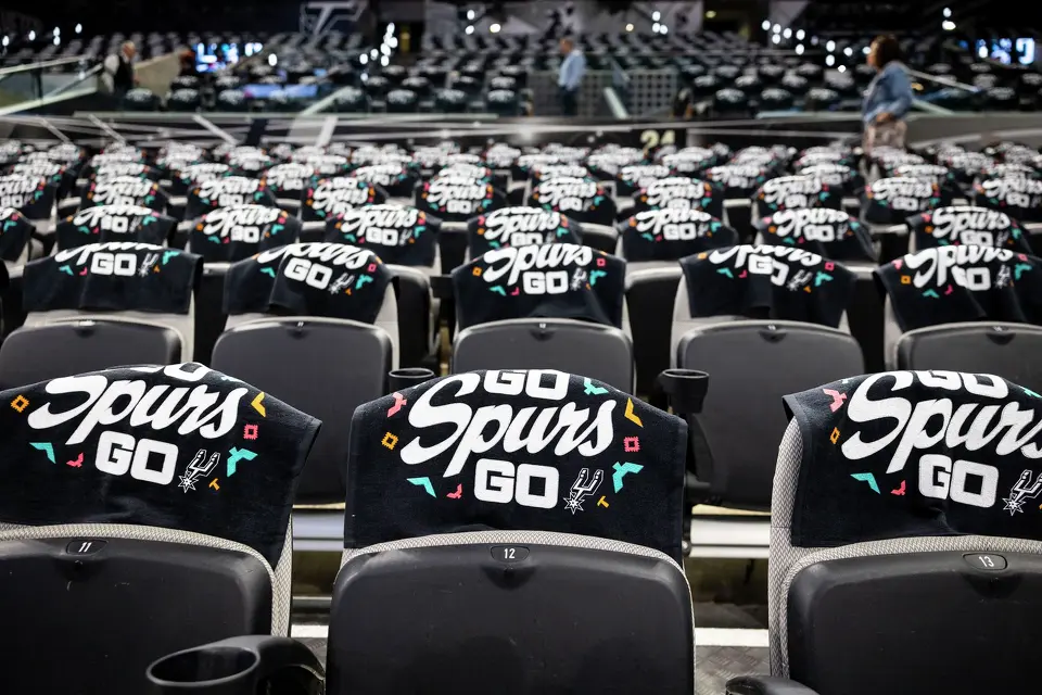 Rally towels line the seats prior to the start of Game 4 of the Western Conference Finals at Frost Bank Center in San Antonio on Sunday, May 24, 2026.
