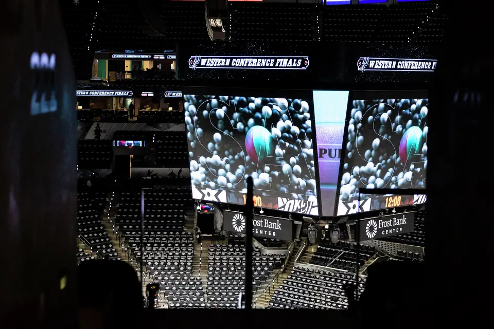 Graphics are displayed on the Jumbotron prior to the start of Game 4 of the Western Conference Finals at Frost Bank Center in San Antonio on Sunday, May 24, 2026.