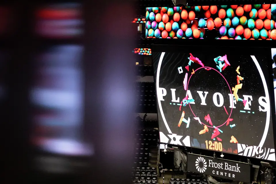 Graphics are displayed on the Jumbotron prior to the start of Game 4 of the Western Conference Finals at Frost Bank Center in San Antonio on Sunday, May 24, 2026.