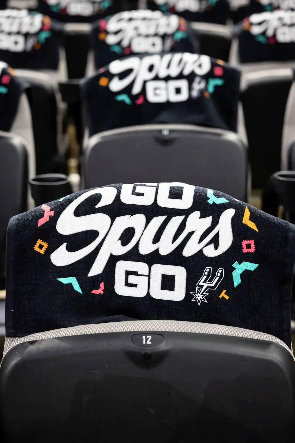 Rally towels line the seats prior to the start of Game 4 of the Western Conference Finals at Frost Bank Center in San Antonio on Sunday, May 24, 2026.