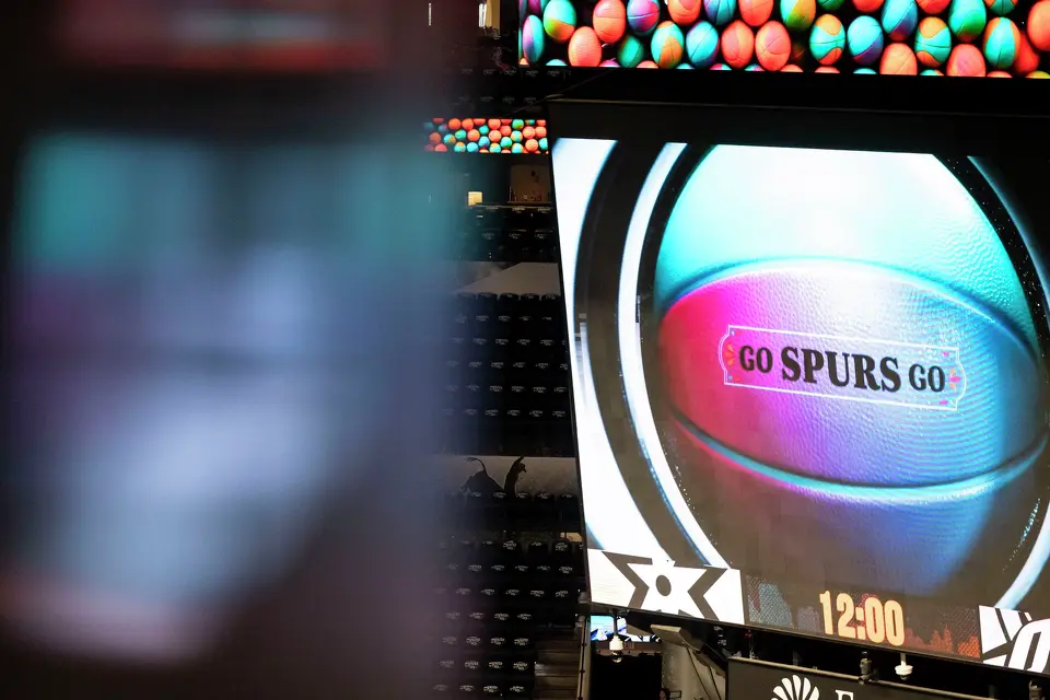 Graphics are displayed on the Jumbotron prior to the start of Game 4 of the Western Conference Finals at Frost Bank Center in San Antonio on Sunday, May 24, 2026.