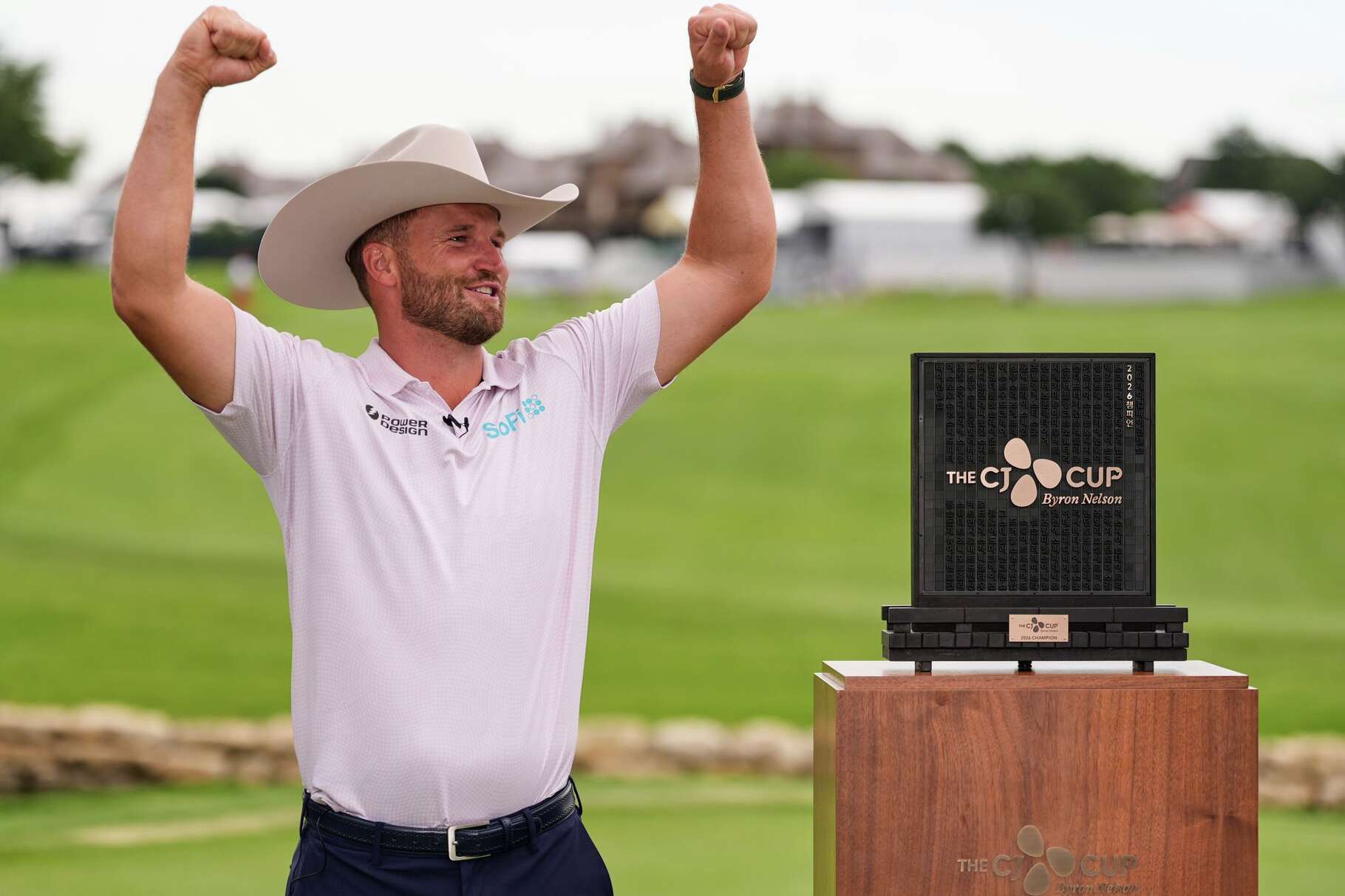 Wyndham Clark celebrates after winning the CJ Cup Byron Nelson golf tournament in McKinney, Texas, Sunday, May 24, 2026.