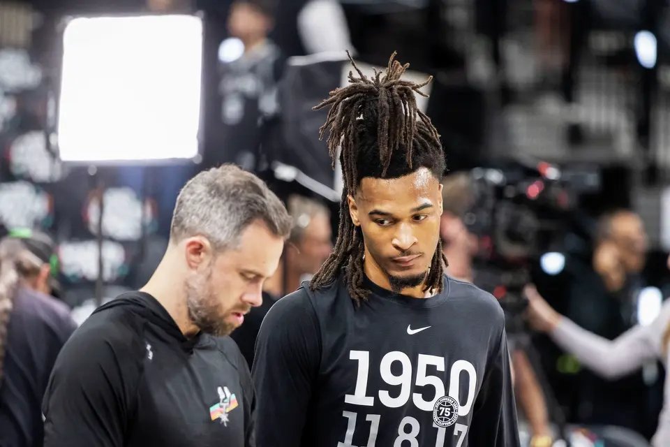 San Antonio Spurs guard Stephon Castle (5) walks by the court during warm ups prior to the start of Game 4 of the Western Conference Finals at Frost Bank Center in San Antonio on Sunday, May 24, 2026.