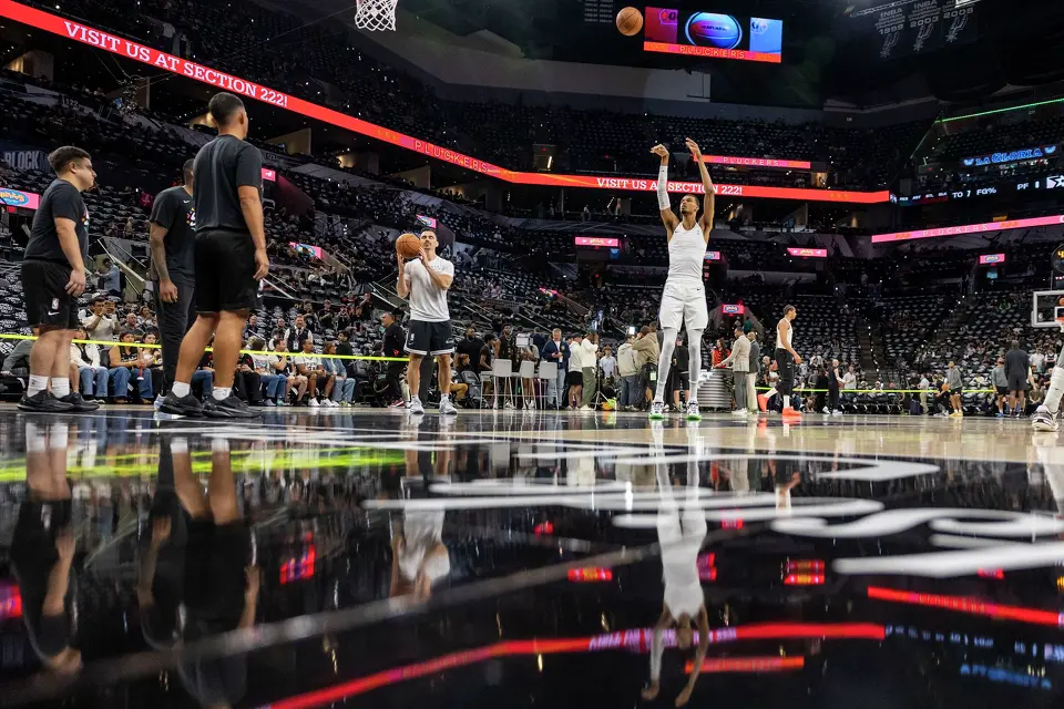 San Antonio Spurs center Victor Wembanyama (1) warms up prior to the start of Game 4 of the Western Conference Finals at Frost Bank Center in San Antonio on Sunday, May 24, 2026.