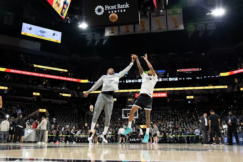 San Antonio Spurs guard Devin Vassell (24) warms up prior to the start of Game 4 of the Western Conference Finals at Frost Bank Center in San Antonio on Sunday, May 24, 2026.