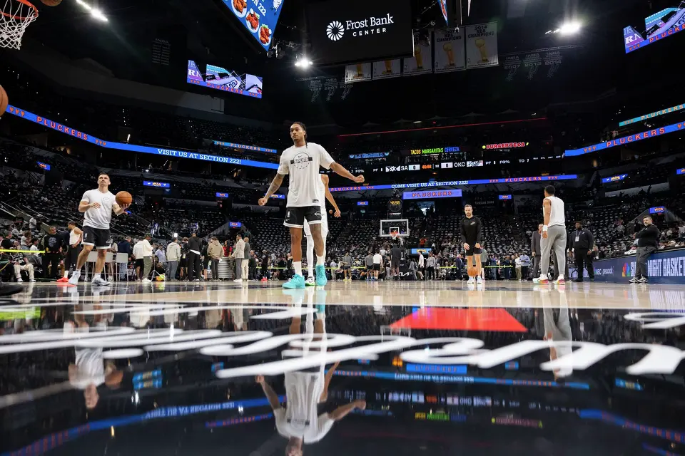 Players warm up prior to the start of Game 4 of the Western Conference Finals at Frost Bank Center in San Antonio on Sunday, May 24, 2026.