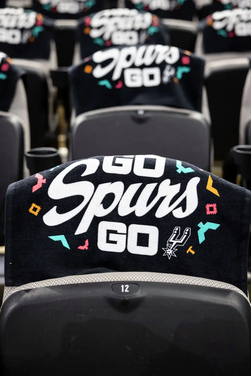 Rally towels line the seats prior to the start of Game 4 of the Western Conference Finals at Frost Bank Center in San Antonio on Sunday, May 24, 2026.