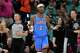 Oklahoma City Thunder guard Shai Gilgeous-Alexander (2) reacts during the second half of Game 3 in the Western Conference finals NBA basketball playoffs series against the San Antonio Spurs Friday, May 22, 2026, in San Antonio.