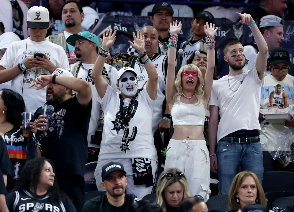 San Antonio fans cheer on their Spurs during the first quarter of Game 4 of the Western Conference Finals at Frost Bank Center in San Antonio, Sunday, May 24, 2026.
