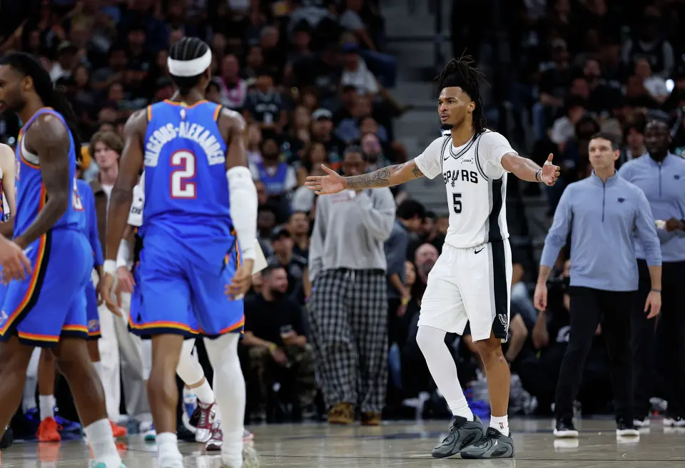 San Antonio Spurs guard Stephon Castle (5) questions a call during the second quarter of Game 4 of the Western Conference Finals at Frost Bank Center in San Antonio, Sunday, May 24, 2026.