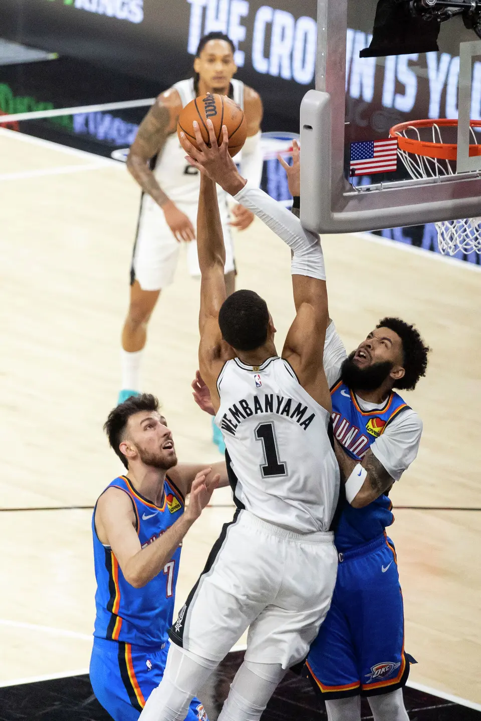 San Antonio Spurs center Victor Wembanyama (1) jumps to shoot the ball during Game 4 of the Western Conference Finals at Frost Bank Center in San Antonio on Sunday, May 24, 2026.