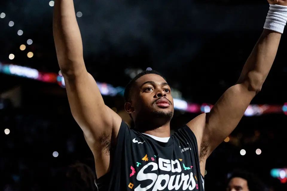 San Antonio Spurs forward Keldon Johnson (3) cheers while players are introduced during Game 4 of the Western Conference Finals at Frost Bank Center in San Antonio on Sunday, May 24, 2026.