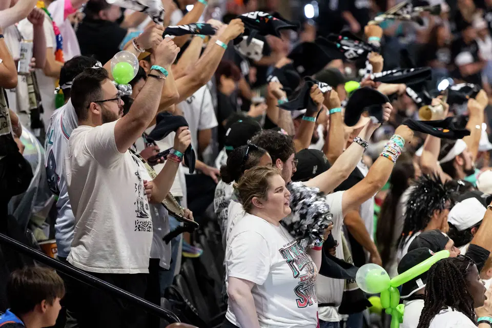 Fans cheer during Game 4 of the Western Conference Finals at Frost Bank Center in San Antonio on Sunday, May 24, 2026.