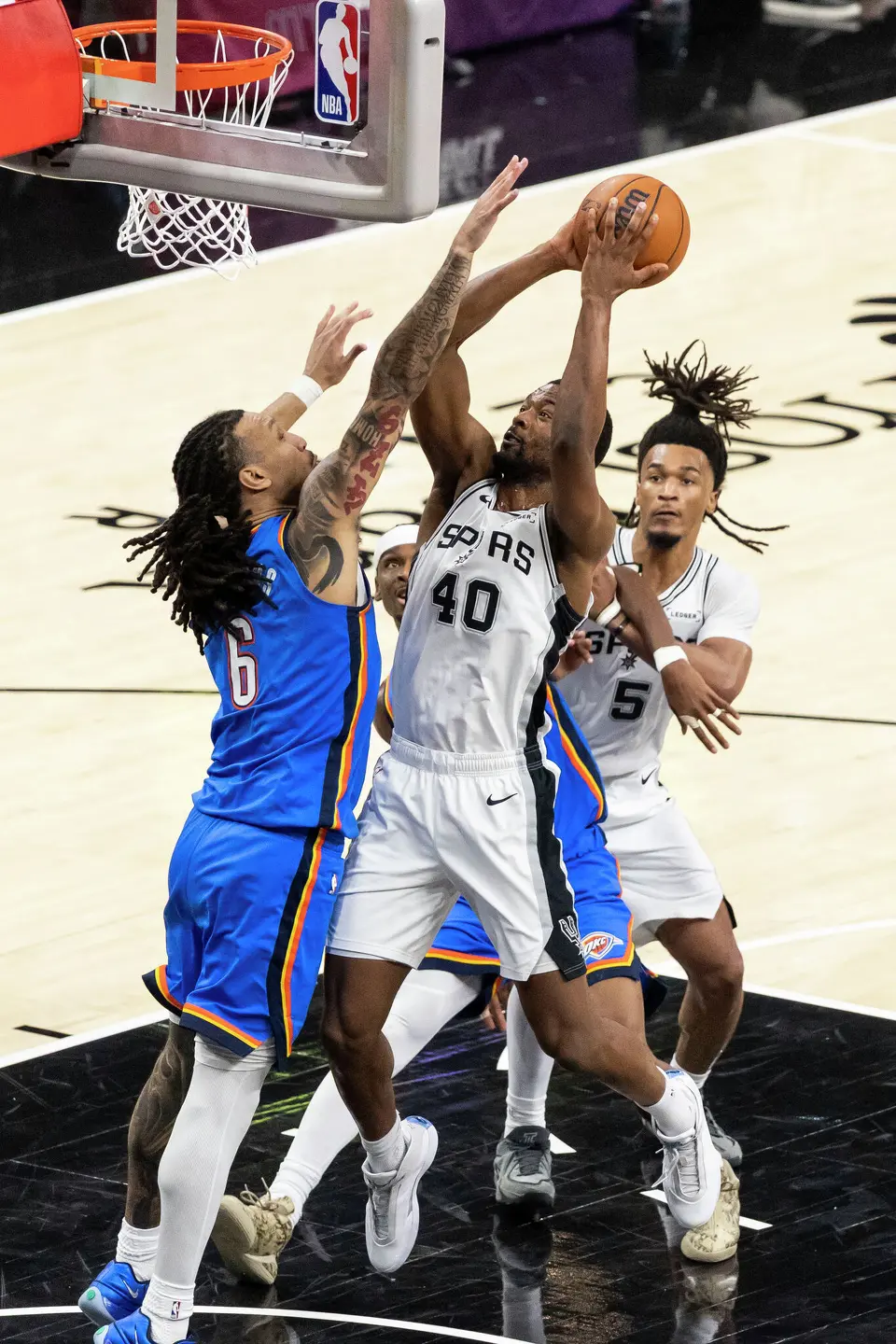 San Antonio Spurs forward Harrison Barnes (40) jumps to shoot the ball during Game 4 of the Western Conference Finals at Frost Bank Center in San Antonio on Sunday, May 24, 2026.