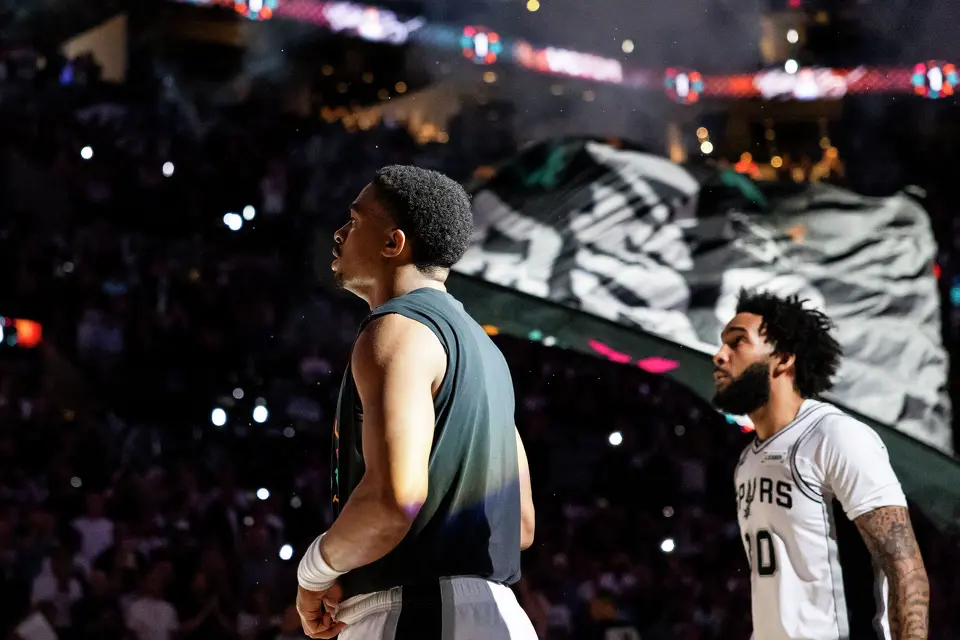 San Antonio Spurs forward Keldon Johnson (3) waits as players are introduced during Game 4 of the Western Conference Finals at Frost Bank Center in San Antonio on Sunday, May 24, 2026.