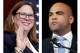 This combination of photos shows Rep. Julie Johnson, D-Texas, being sworn in on Jan. 3, 2025, in Washington, left, and Rep. Colin Allred, D-Texas, speaking on Nov. 5, 2024, in Dallas.
