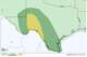 Si bien las llanuras del Río Grande siguen bajo una mayor amenaza de clima severo (área amarilla), Hill Country y el sur de Texas estarán en un riesgo de nivel 1 de 5 (área verde oscuro) de tormentas severas aisladas el martes.