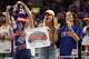 New York Knicks fans cheer during the second half of Game 4 in the Eastern Conference finals NBA basketball playoffs series against the Cleveland Cavaliers in Cleveland, Monday, May 25, 2026.