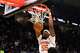 New York Knicks center Ariel Hukporti dunks during the second half of Game 4 in the Eastern Conference finals NBA basketball playoffs series against the Cleveland Cavaliers in Cleveland, Monday, May 25, 2026.