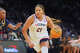 UConn forward Sarah Strong drives against Notre Dame during the second half in the Elite Eight of the NCAA college basketball tournament, Sunday, March 29, 2026, in Fort Worth, Texas. (AP Photo/LM Otero)