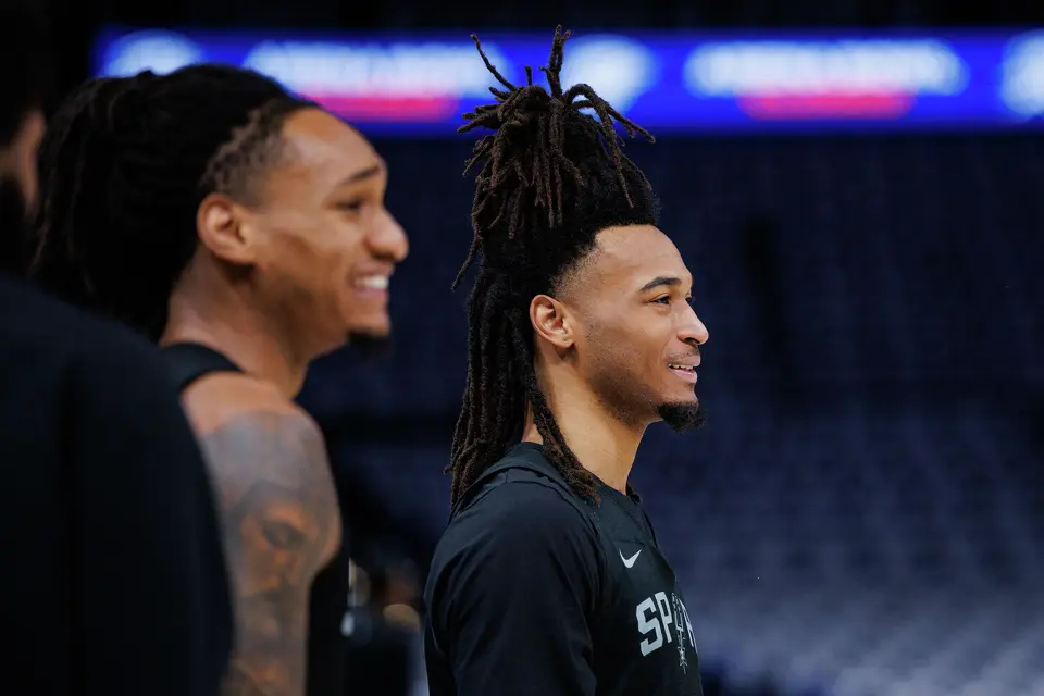 San Antonio Spurs guard Devin Vassell, front, and guard Stephon Castle participate in shootaround at Paycom Center in Oklahoma City, Tuesday, May 26, 2026, as they prepare for Game 5 of the Western Conference Finals against the Oklahoma City Thunder.