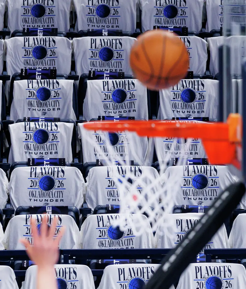 T-shirts are laid out on seats for fans ahead of Game 5 of the Western Conference Finals between the Oklahoma City Thunder and the San Antonio Spurs at Paycom Center in Oklahoma City, Tuesday, May 26, 2026.