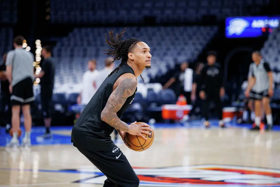 San Antonio Spurs guard Devin Vassell participates in shootaround at Paycom Center in Oklahoma City, Tuesday, May 26, 2026, as the Spurs prepare for Game 5 of the Western Conference Finals against the Oklahoma City Thunder.