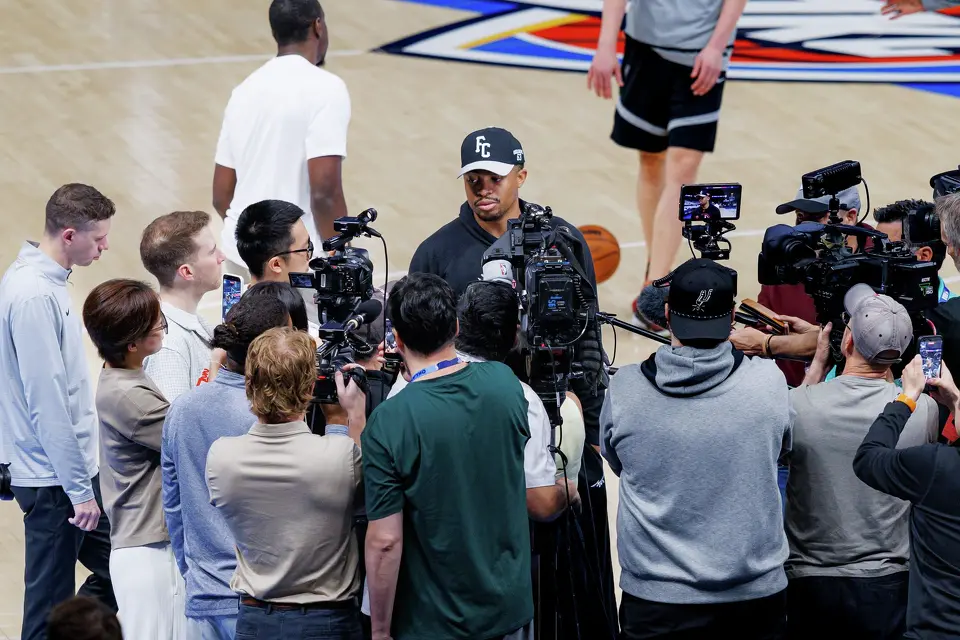 San Antonio Spurs forward Keldon Johnson answers questions from reporters during shootaround at Paycom Center in Oklahoma City, Tuesday, May 26, 2026, as the team prepares for Game 5 of the Western Conference Finals against the Oklahoma City Thunder.