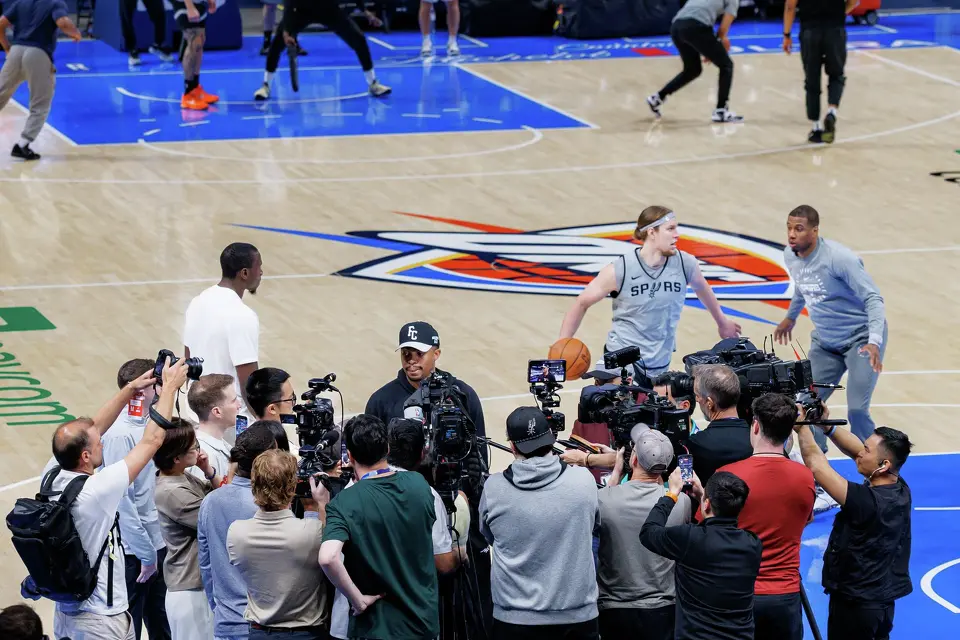 San Antonio Spurs forward Keldon Johnson answers questions from reporters during shootaround at Paycom Center in Oklahoma City, Tuesday, May 26, 2026, as the team prepares for Game 5 of the Western Conference Finals against the Oklahoma City Thunder.