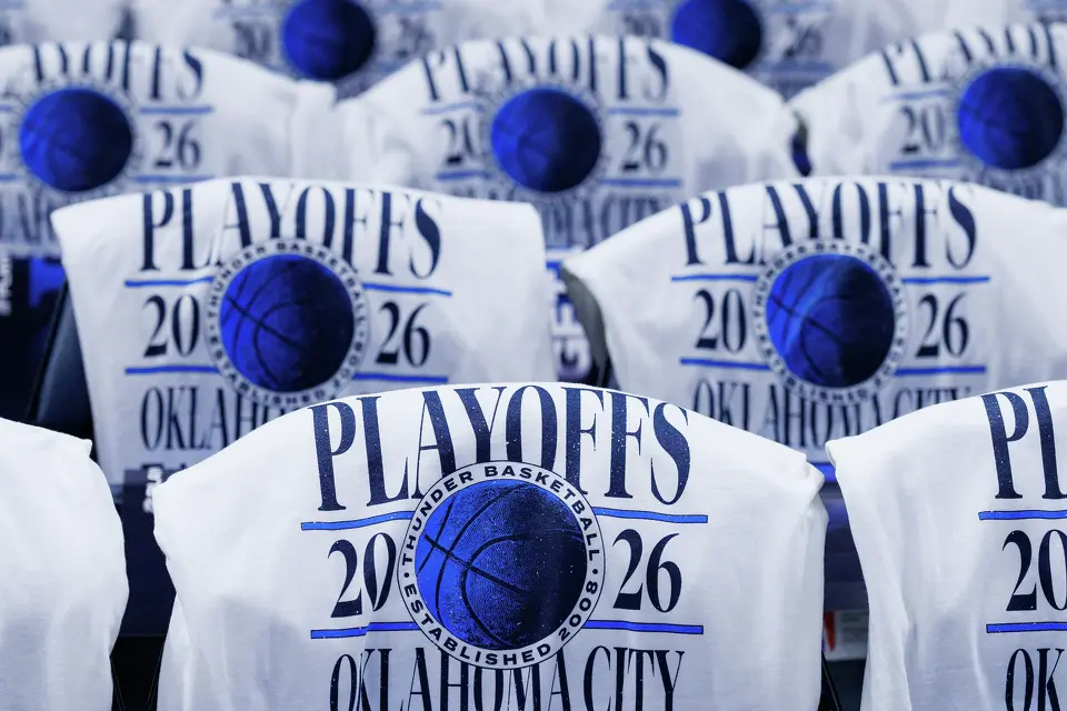 T-shirts are laid out on seats for fans ahead of Game 5 of the Western Conference Finals between the Oklahoma City Thunder and the San Antonio Spurs at Paycom Center in Oklahoma City, Tuesday, May 26, 2026.