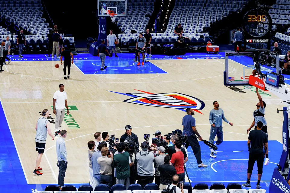 San Antonio Spurs forward Keldon Johnson answers questions from reporters during shootaround at Paycom Center in Oklahoma City, Tuesday, May 26, 2026, as the team prepares for Game 5 of the Western Conference Finals against the Oklahoma City Thunder.