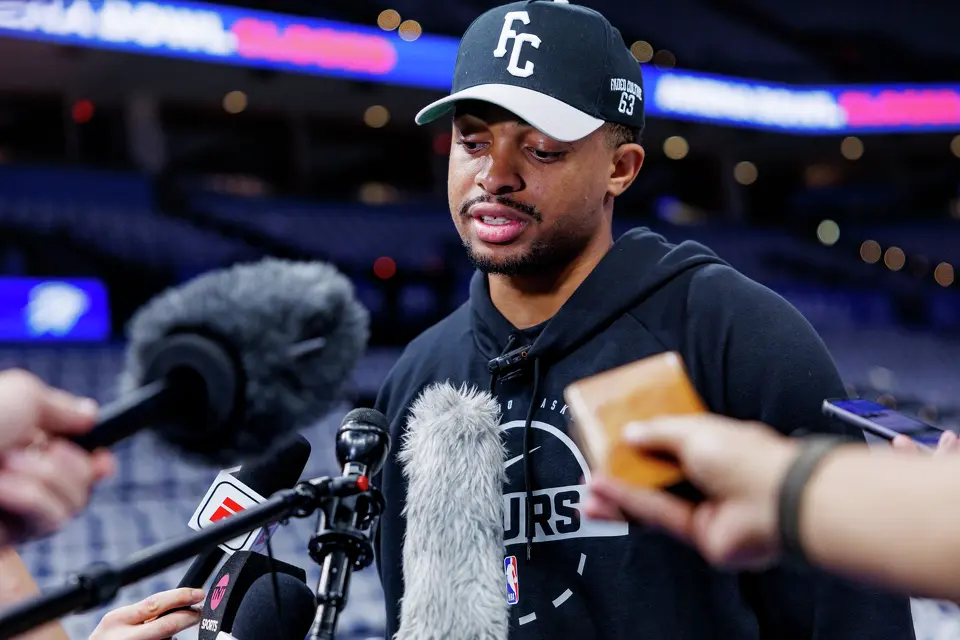San Antonio Spurs forward Keldon Johnson answers questions from reporters during shootaround at Paycom Center in Oklahoma City, Tuesday, May 26, 2026, as the team prepares for Game 5 of the Western Conference Finals against the Oklahoma City Thunder.