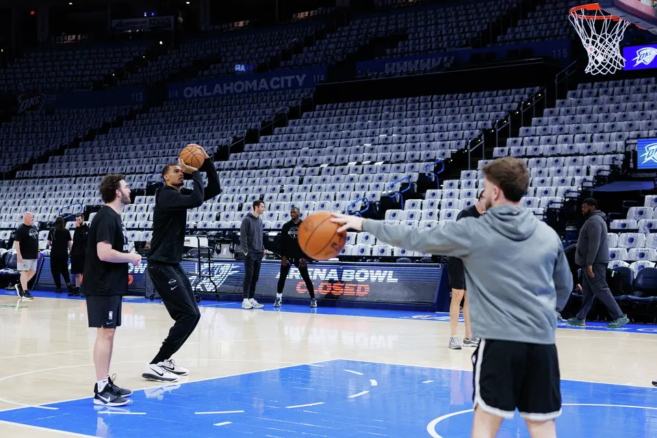 San Antonio Spurs center Victor Wembanyama shoots a free-throw during shootaround at Paycom Center in Oklahoma City, Tuesday, May 26, 2026, before Game 5 of the Western Conference Finals against the Oklahoma City Thunder.