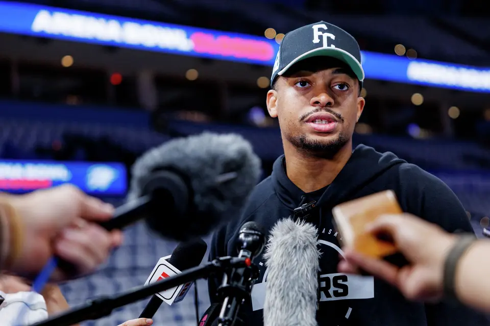 San Antonio Spurs forward Keldon Johnson answers questions from reporters during shootaround at Paycom Center in Oklahoma City, Tuesday, May 26, 2026, as the team prepares for Game 5 of the Western Conference Finals against the Oklahoma City Thunder.