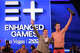 Enhanced CEO Max Martin, left, and Greek swimmer Kristian Gkolomeev celebrate during the medal ceremony following the Enhanced Games at Resorts World Las Vegas on May 24, 2026.