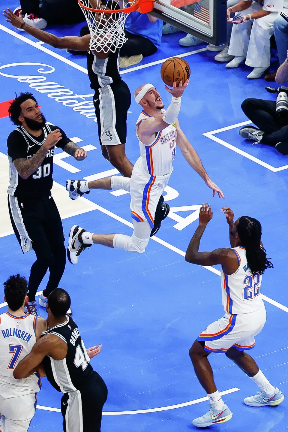 Oklahoma City Thunder guard Alex Caruso (9) goes up for a shot during the second quarter of Game 5 of the Western Conference Finals at Paycom Center in Oklahoma City, Tuesday, May 26, 2026.