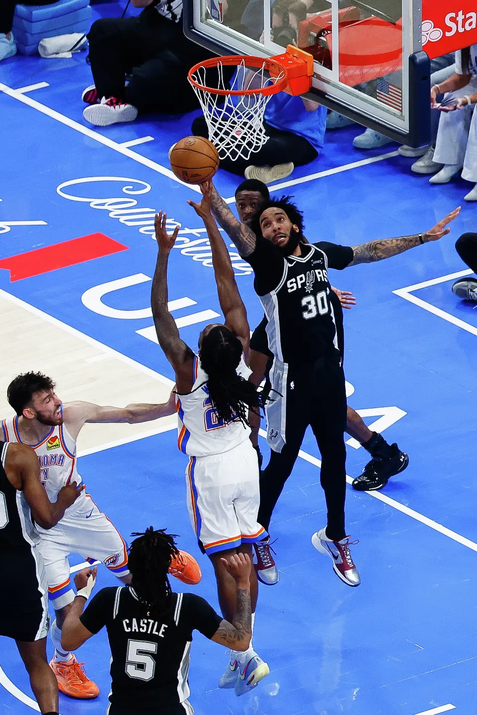 San Antonio Spurs forward Julian Champagnie (30) goes up to block a shot during the second quarter of Game 5 of the Western Conference Finals at Paycom Center in Oklahoma City, Tuesday, May 26, 2026.