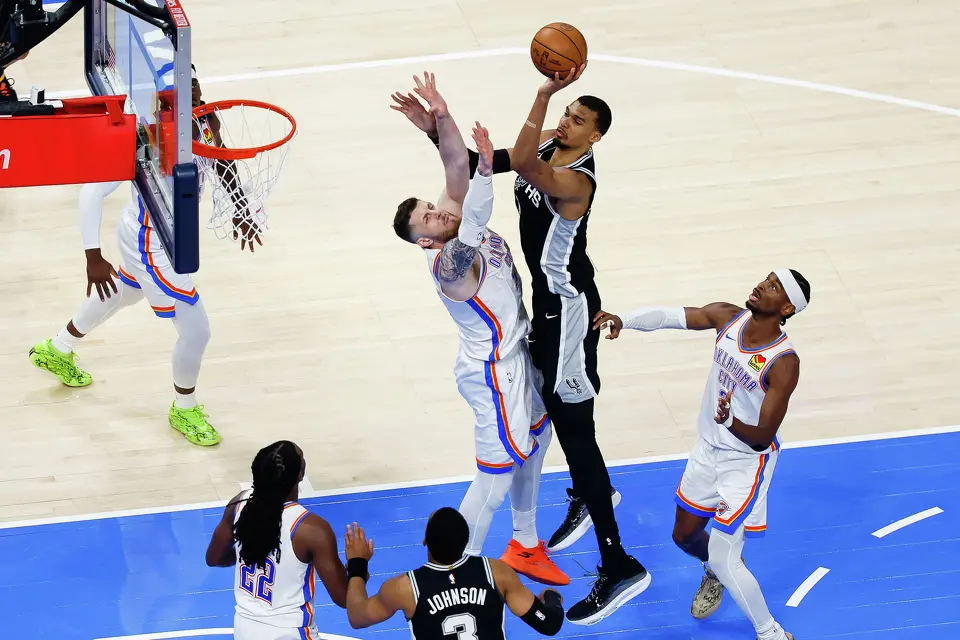 San Antonio Spurs center Victor Wembanyama (1) goes up for a shot during the second quarter of Game 5 of the Western Conference Finals at Paycom Center in Oklahoma City, Tuesday, May 26, 2026.