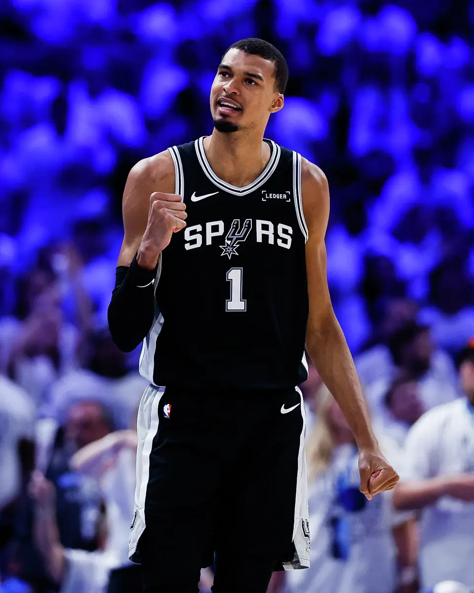 San Antonio Spurs center Victor Wembanyama (1) celebrates a play during the third quarter of Game 5 of the Western Conference Finals at Paycom Center in Oklahoma City, Tuesday, May 26, 2026.