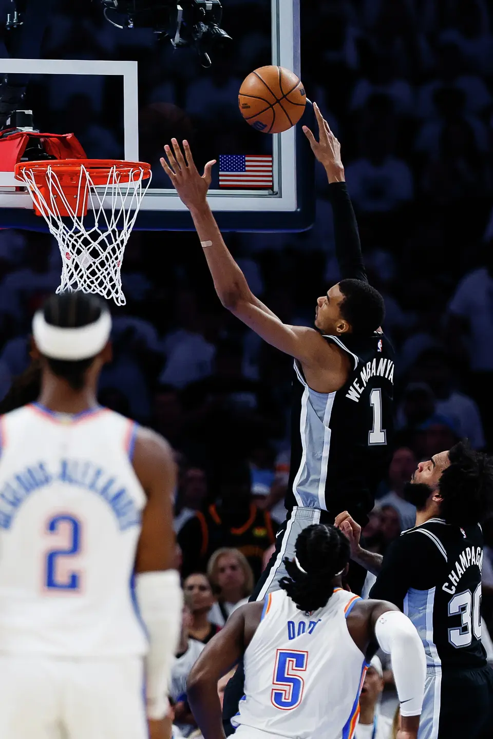 San Antonio Spurs center Victor Wembanyama (1) goes up for a rebound during the third quarter of Game 5 of the Western Conference Finals at Paycom Center in Oklahoma City, Tuesday, May 26, 2026.