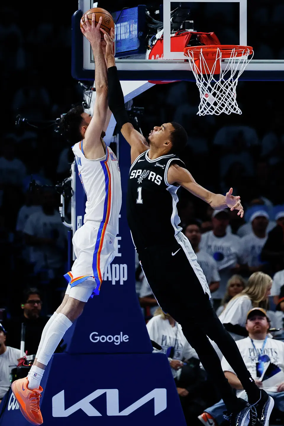 San Antonio Spurs center Victor Wembanyama (1) goes up for a block during the third quarter of Game 5 of the Western Conference Finals at Paycom Center in Oklahoma City, Tuesday, May 26, 2026.