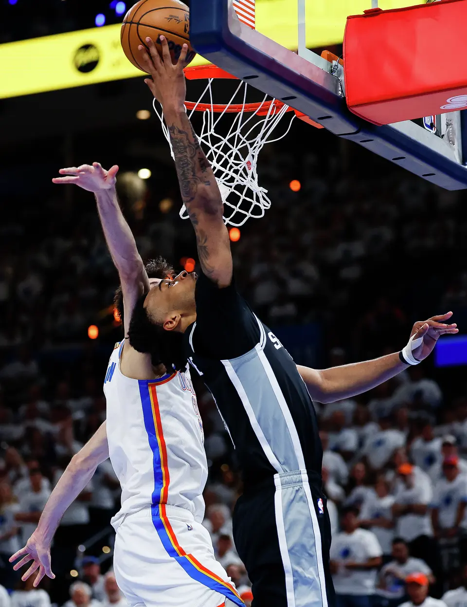 San Antonio Spurs guard Stephon Castle (5) goes up to the basket for a shot during the third quarter of Game 5 of the Western Conference Finals at Paycom Center in Oklahoma City, Tuesday, May 26, 2026.