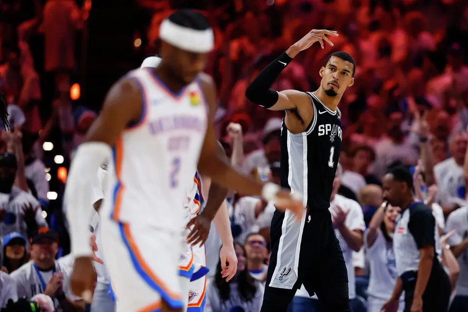 San Antonio Spurs center Victor Wembanyama (1) reacts to a play during the third quarter of Game 5 of the Western Conference Finals at Paycom Center in Oklahoma City, Tuesday, May 26, 2026.