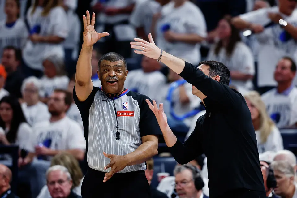 Referree Tony Brothers gestures to Oklahoma City Thunder head coach Mark Daigneault during the third quarter of Game 5 of the Western Conference Finals at Paycom Center in Oklahoma City, Tuesday, May 26, 2026.