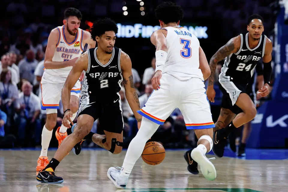 San Antonio Spurs guard Dylan Harper (2) dribbles down the court during the third quarter of Game 5 of the Western Conference Finals at Paycom Center in Oklahoma City, Tuesday, May 26, 2026.