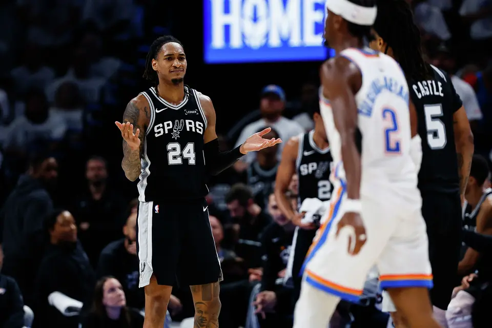 San Antonio Spurs guard Devin Vassell (24) gestures after a play during the third quarter of Game 5 of the Western Conference Finals at Paycom Center in Oklahoma City, Tuesday, May 26, 2026.