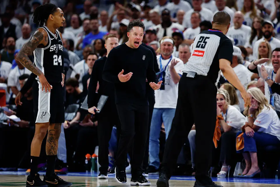 San Antonio Spurs head coach Mitch Johnson reacts to a call during the third quarter of Game 5 of the Western Conference Finals at Paycom Center in Oklahoma City, Tuesday, May 26, 2026.