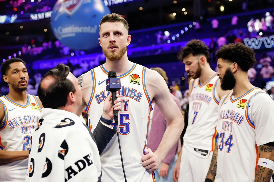 Oklahoma City Thunder center Isaiah Hartenstein (55) talks to reporters at the end of Game 5 of the Western Conference Finals at Paycom Center in Oklahoma City, Tuesday, May 26, 2026. The Spurs fell to the Thunder, 127-114, who now lead the series 3-2.