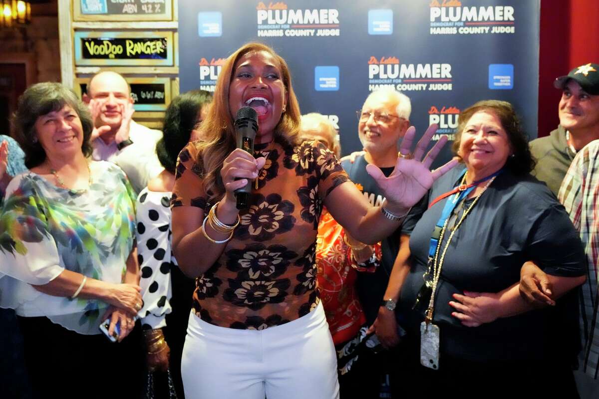 Letitia Plummer, who is running for the Democratic nomination for Harris County Judge speaks to supporters during an election night watch party in Houston, Tuesday, May 26, 2026.