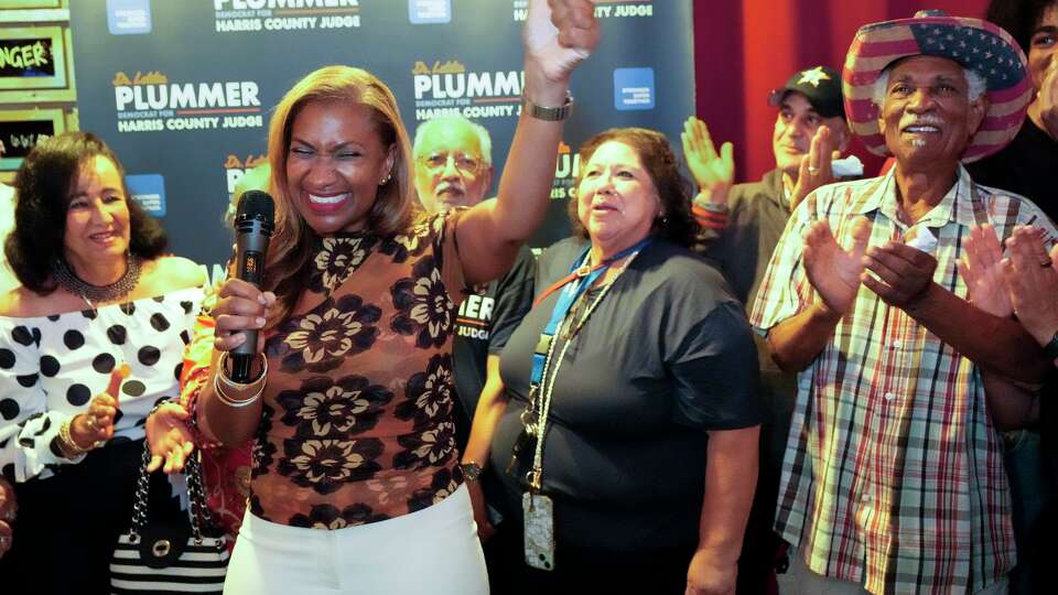 Letitia Plummer, who is running for the Democratic nomination for Harris County Judge speaks to supporters during an election night watch party in Houston, Tuesday, May 26, 2026.